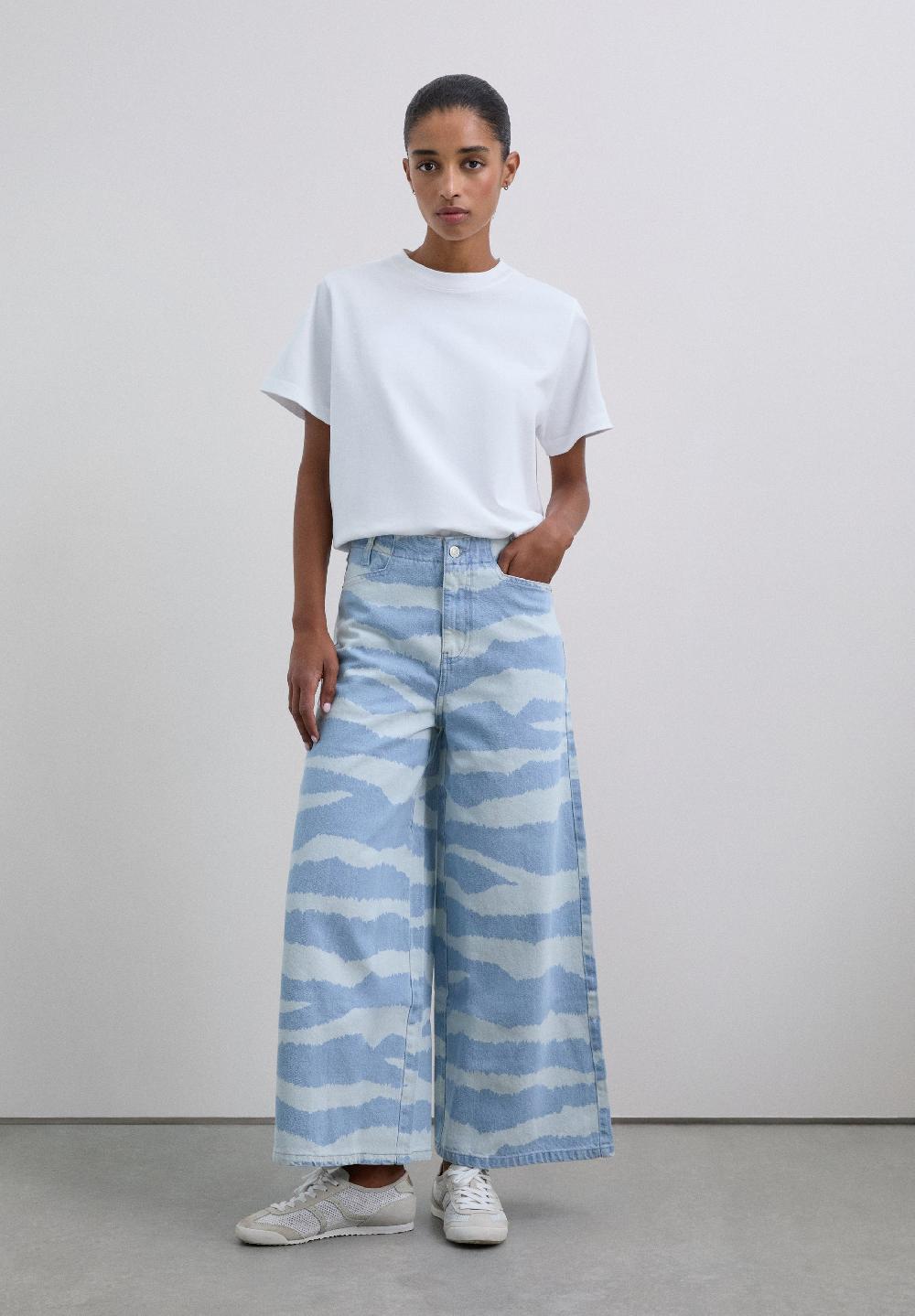 Scalpers ZEBRA PRINT DENIM TROUSERS LIGHT BLUE