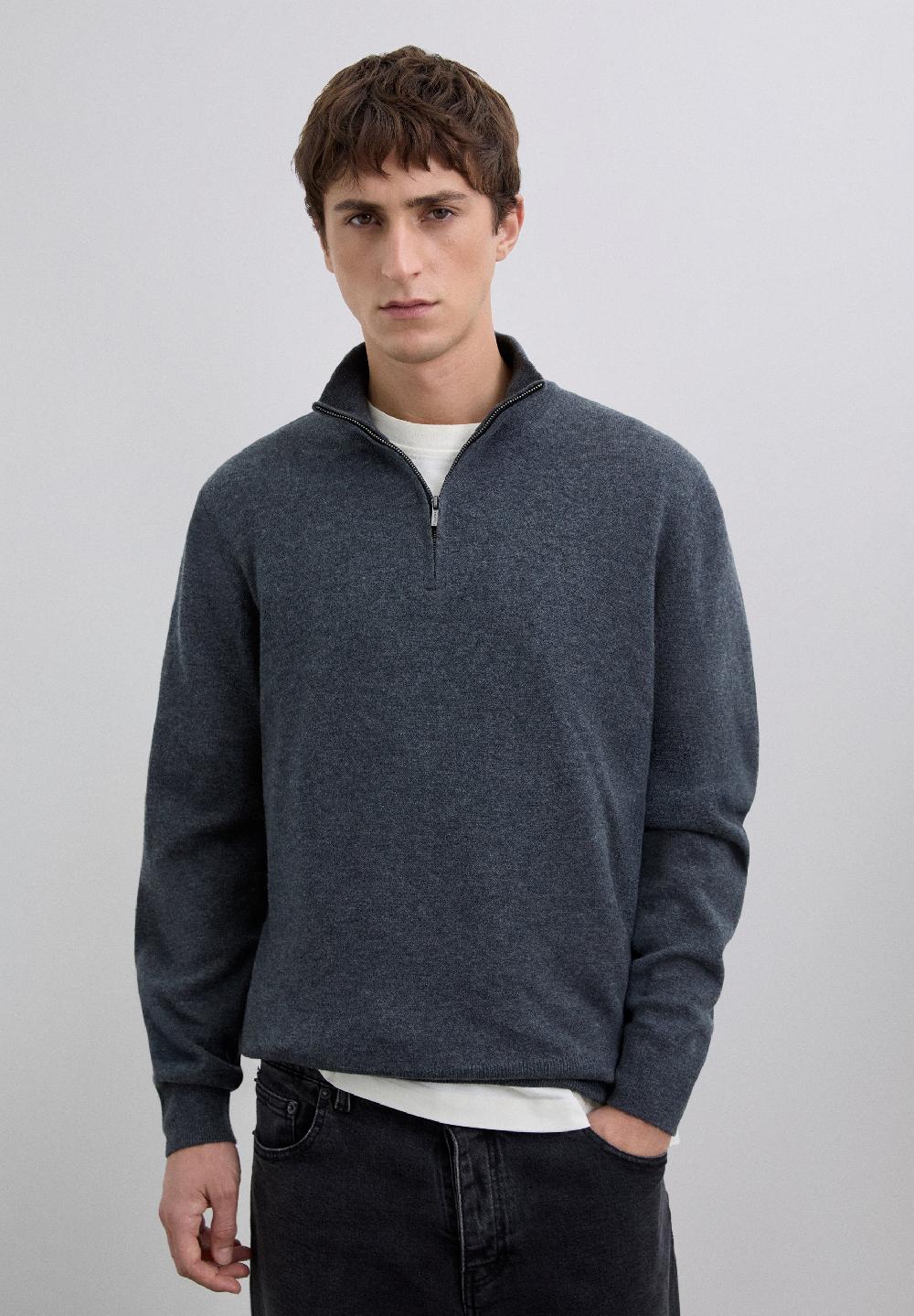Scalpers ZIPPED WOOL SWEATER WITH SKULL DARK GREY