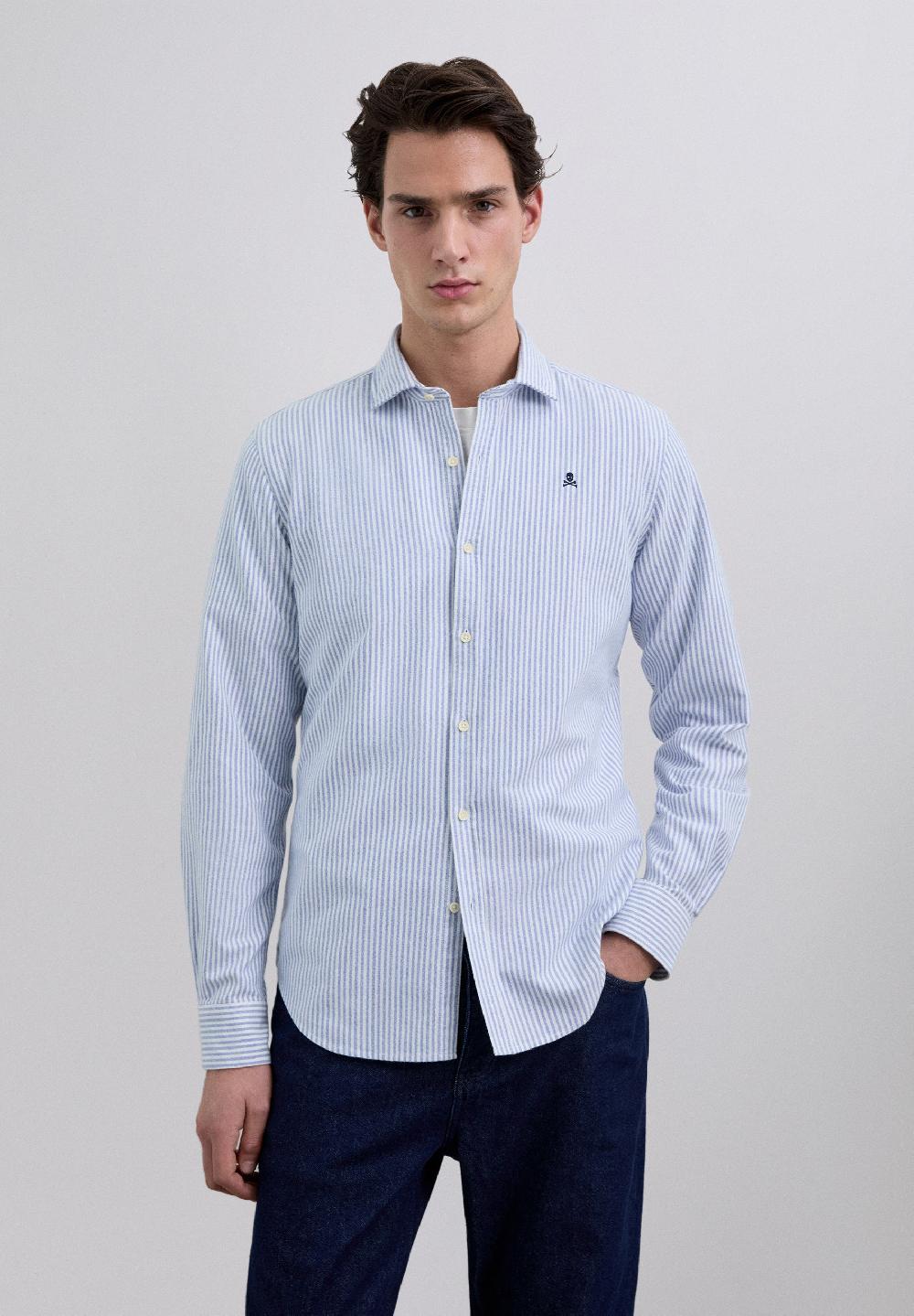 Scalpers STRIPED OXFORD SHIRT WITH LOGO BLUE STRIPES