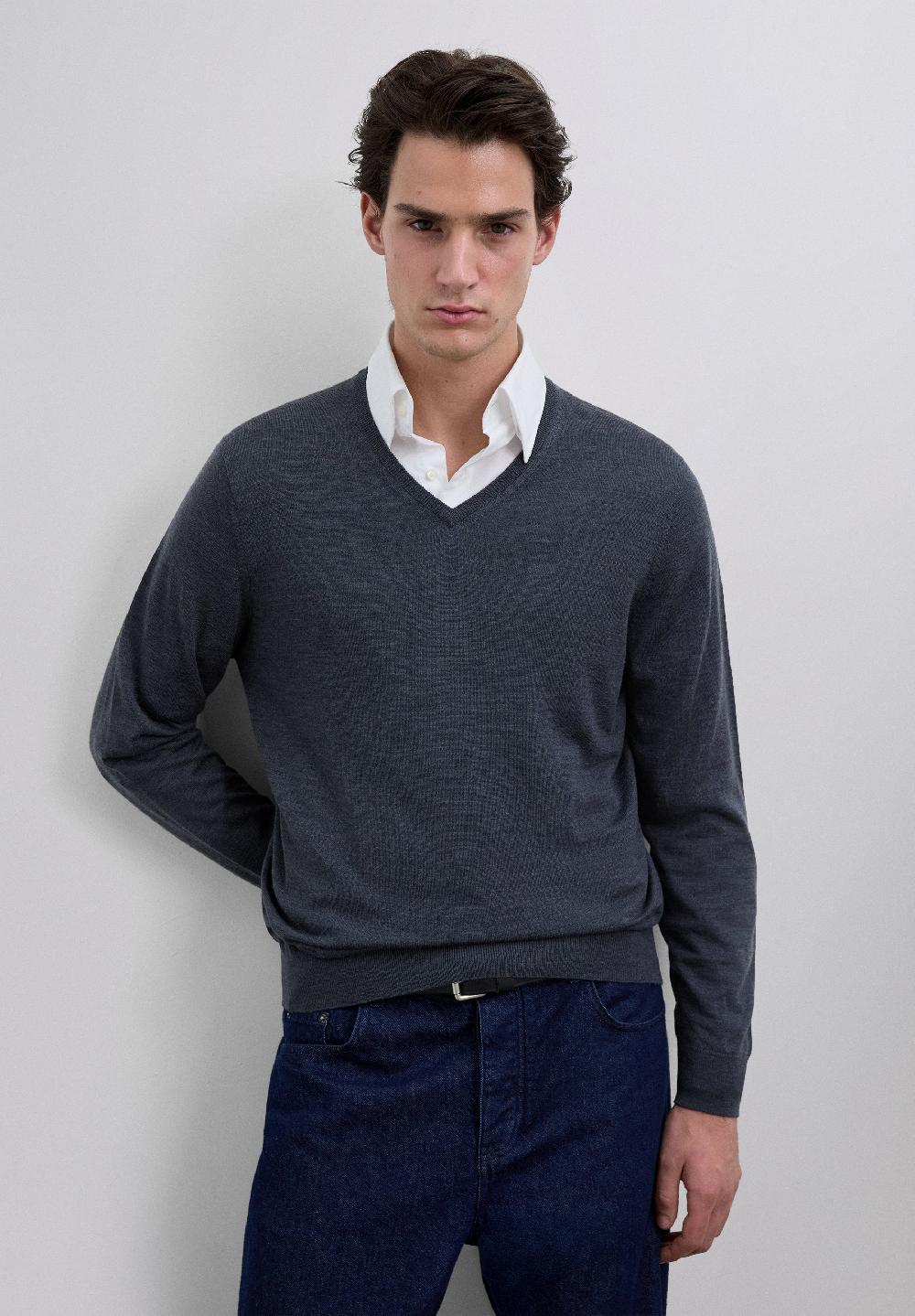 Scalpers V-NECK WOOL SWEATER WITH SKULL GREYISH BLUE