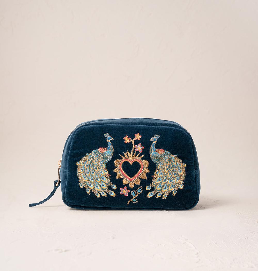 scarlettsbags Peacock Floral Ink Blue Velvet Makeup Bag