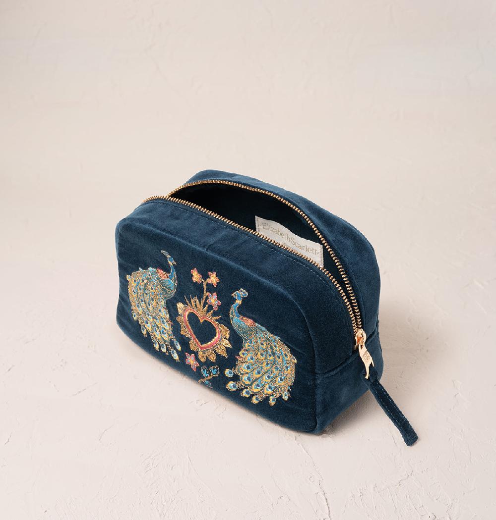 Scarlettsbags Peacock Floral Ink Blue Velvet Makeup Bag