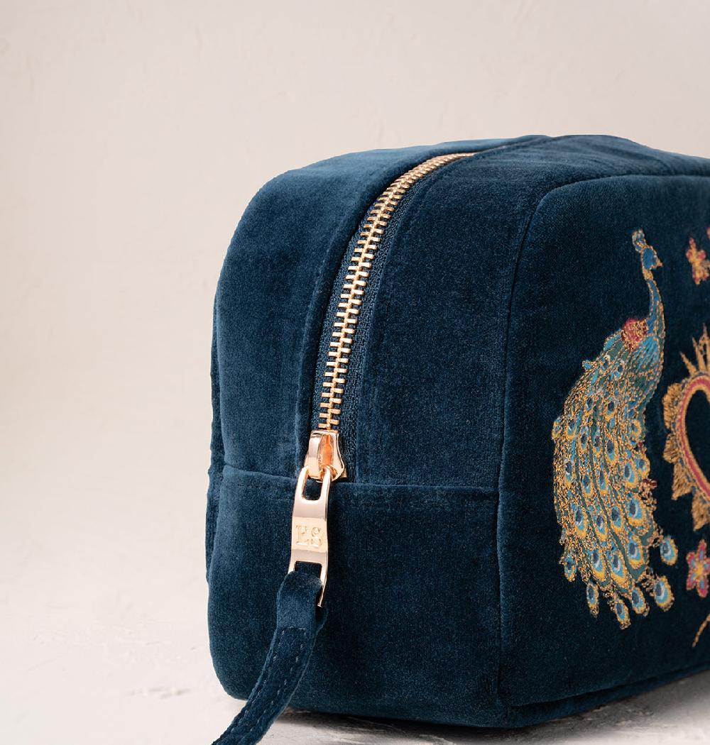 Scarlettsbags Peacock Floral Ink Blue Velvet Makeup Bag