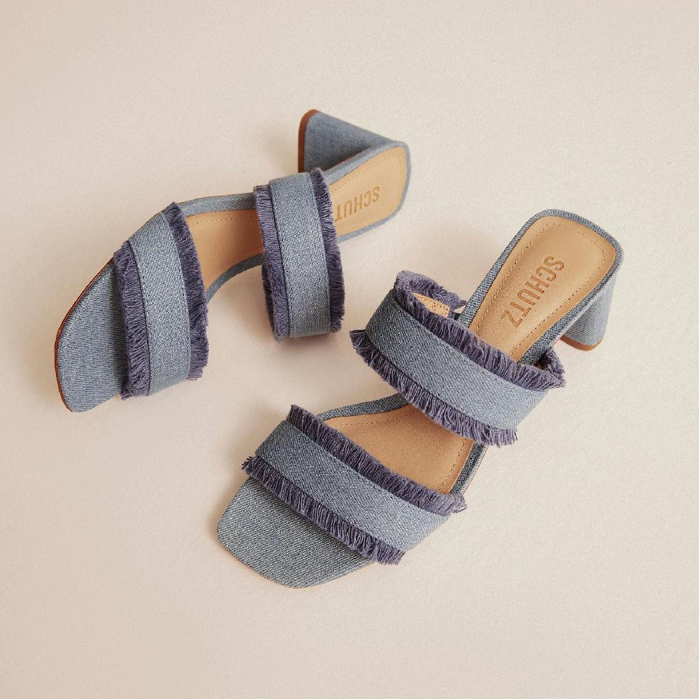 Schutz Amely Mid Block Denim Sandal