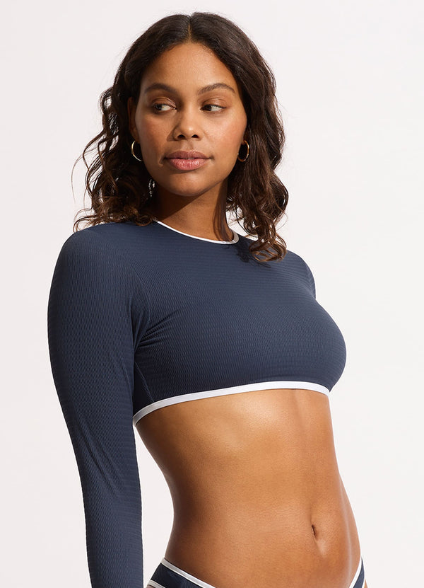 Seafolly Beach Bound Cropped Long Sleeve Rashie - True Navy