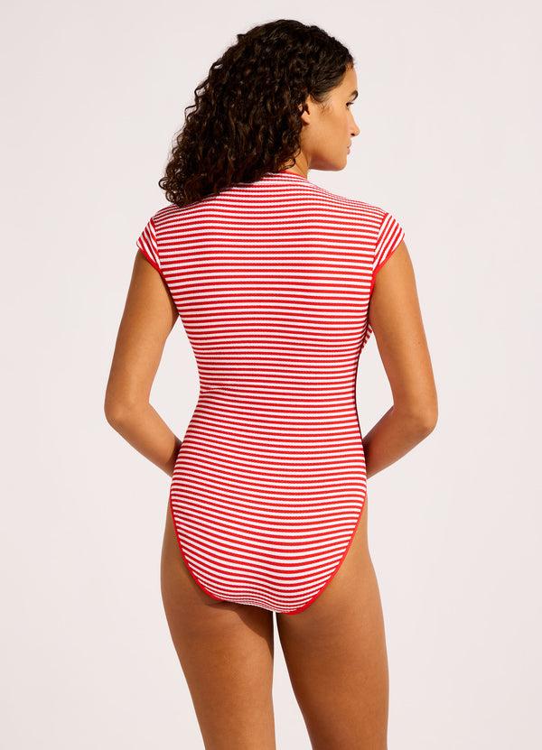 Seafolly Clubhouse Cap Sleeve Zip Front One Piece Swimsuit