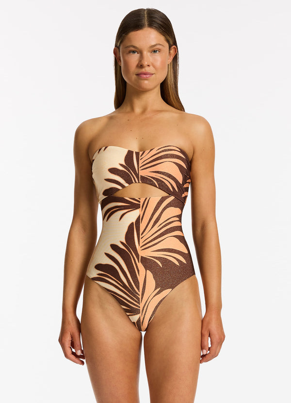 Seafolly Dahlia Palm Cut Out Bandeau One Piece - Chocolate