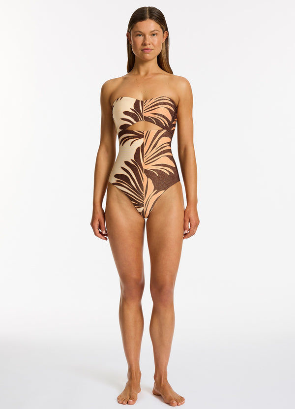 seafolly Dahlia Palm Cut Out Bandeau One Piece - Chocolate