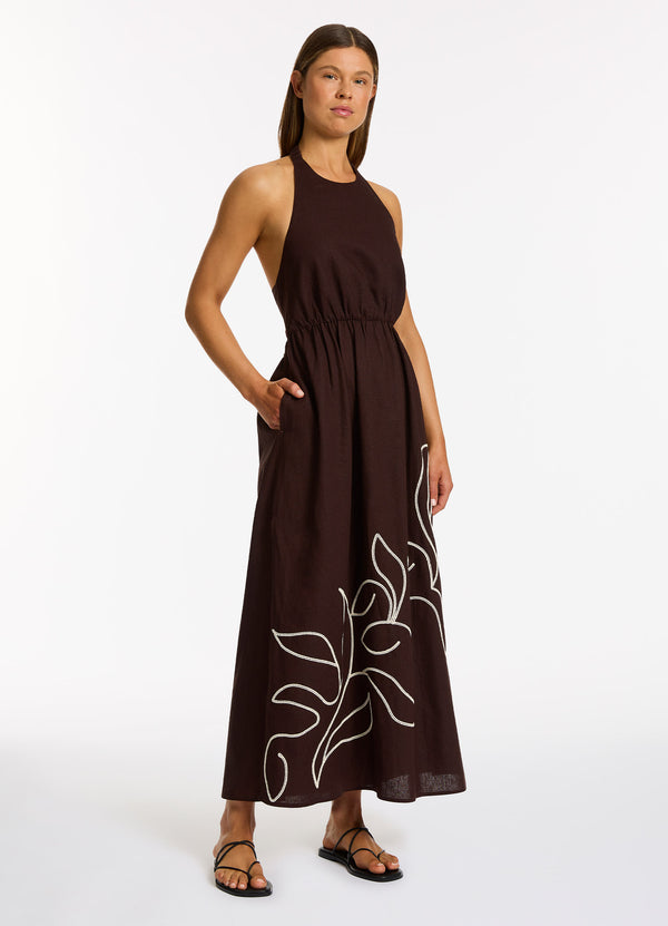 Seafolly Dahlia Palm Embroidered Maxi Dress - Chocolate
