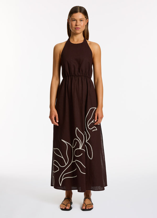 seafolly Dahlia Palm Embroidered Maxi Dress - Chocolate