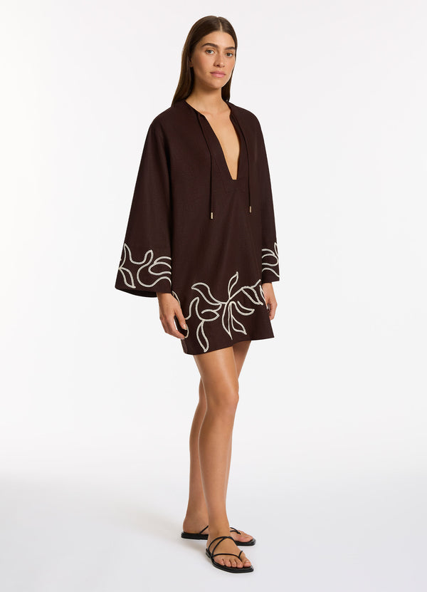 Seafolly Dahlia Palm Embroidered Mini Kaftan - Chocolate