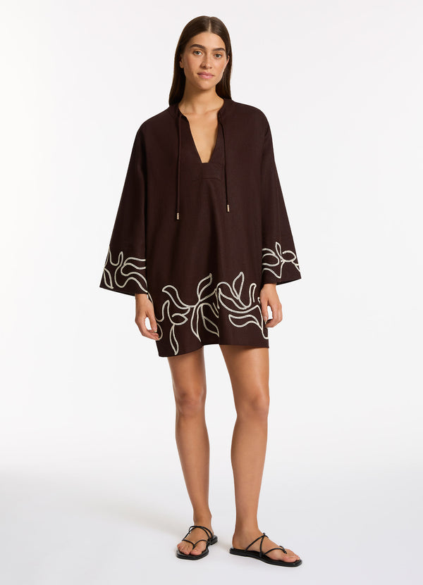 seafolly Dahlia Palm Embroidered Mini Kaftan - Chocolate