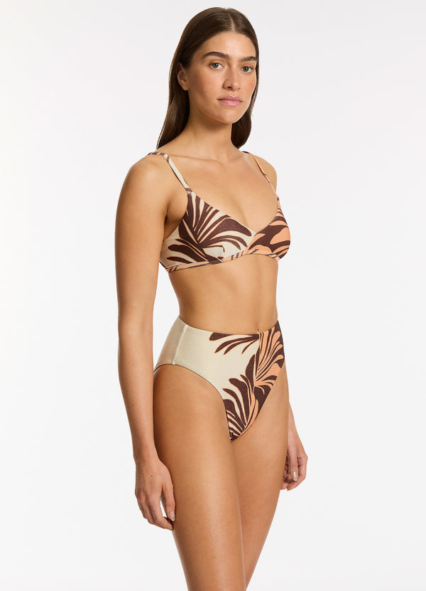 Seafolly Dahlia Palm High Leg High Waist Bikini Bottom - Chocolate