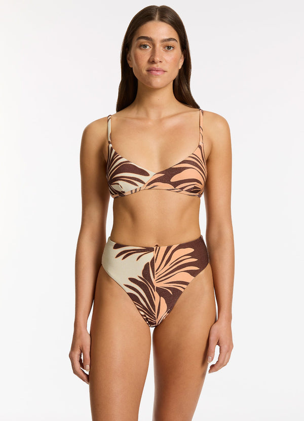 Seafolly Dahlia Palm High Leg High Waist Bikini Bottom - Chocolate