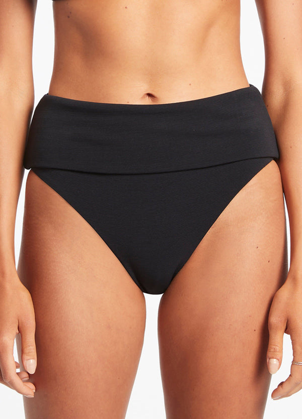 Seafolly Isla Rib Fold Down High Waisted Bikini Bottom - Black