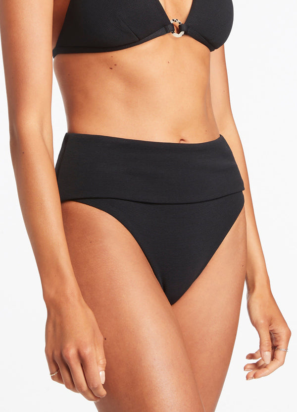 Seafolly Isla Rib Fold Down High Waisted Bikini Bottom - Black