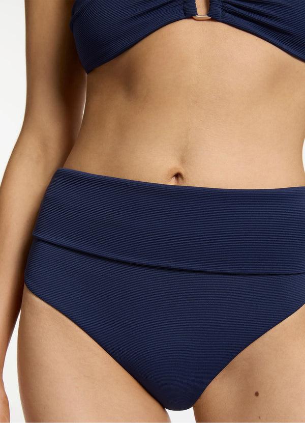 Seafolly Isla Rib Fold Down High Waisted Bikini Bottom - Ink
