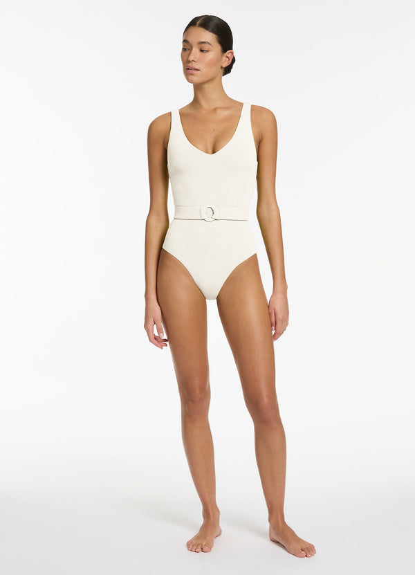 seafolly Isla Rib V-Neckline Belted One Piece - Cream