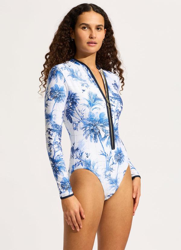 Seafolly Marbella Zip Front Surf Suit - White Trellis