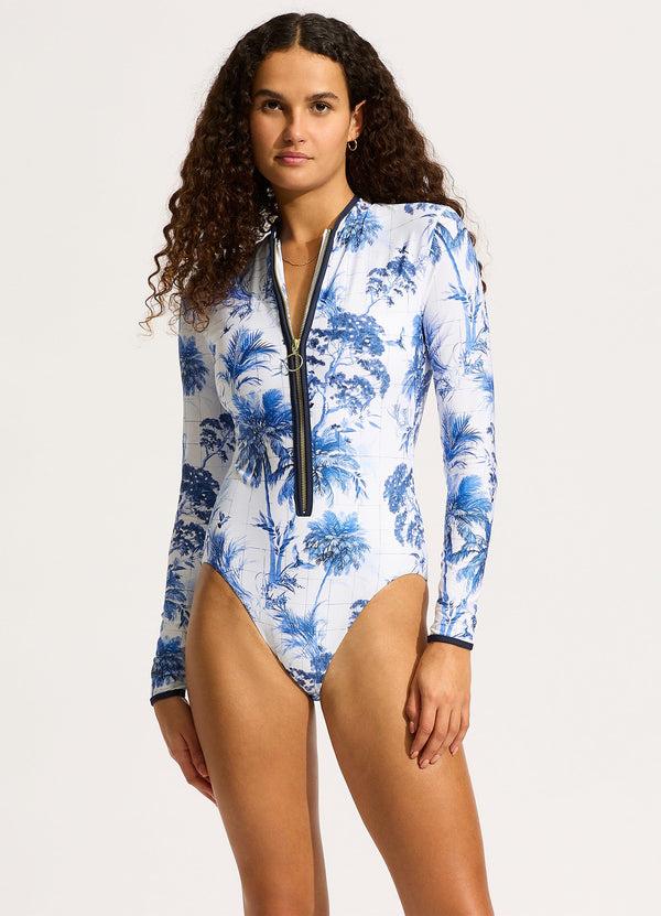 seafolly Marbella Zip Front Surf Suit - White Trellis