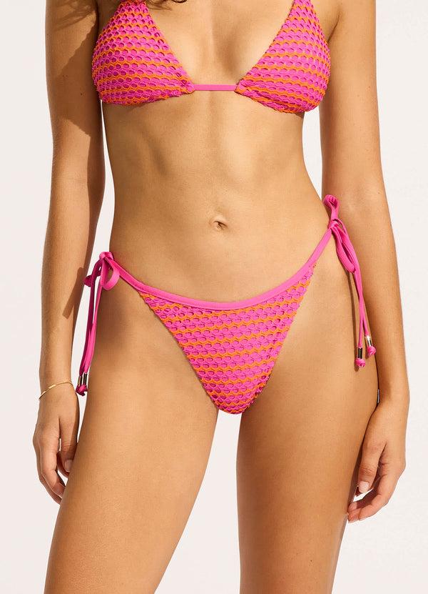 Seafolly Mesh Effect Tie Side Rio Bikini Bottom - Hot Pink
