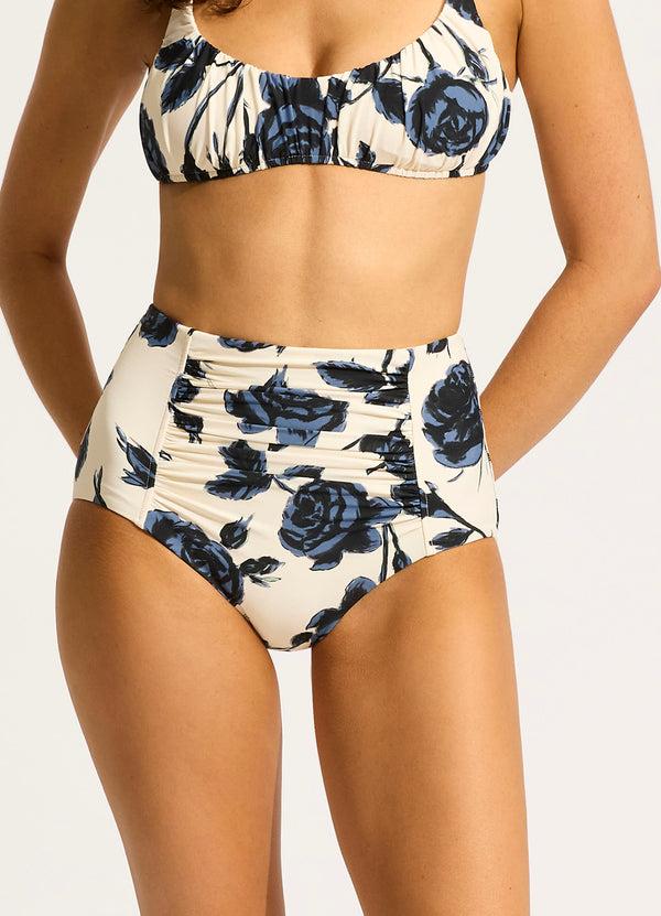 Seafolly Rococo Ruched Front High Waisted Bikini Bottom - Black