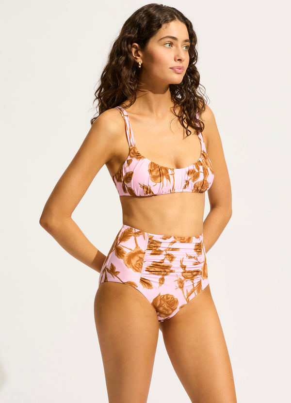 Seafolly Rococo Ruched Front High Waisted Bikini Bottom - Blossom