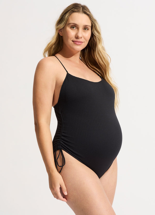 Seafolly Sea Dive Scoop Neck Drawstring Side One Piece - Black