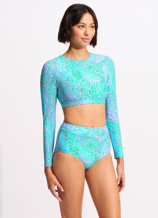 Seafolly Sea Skin Long Sleeve Crop Rashie - Vivid Green