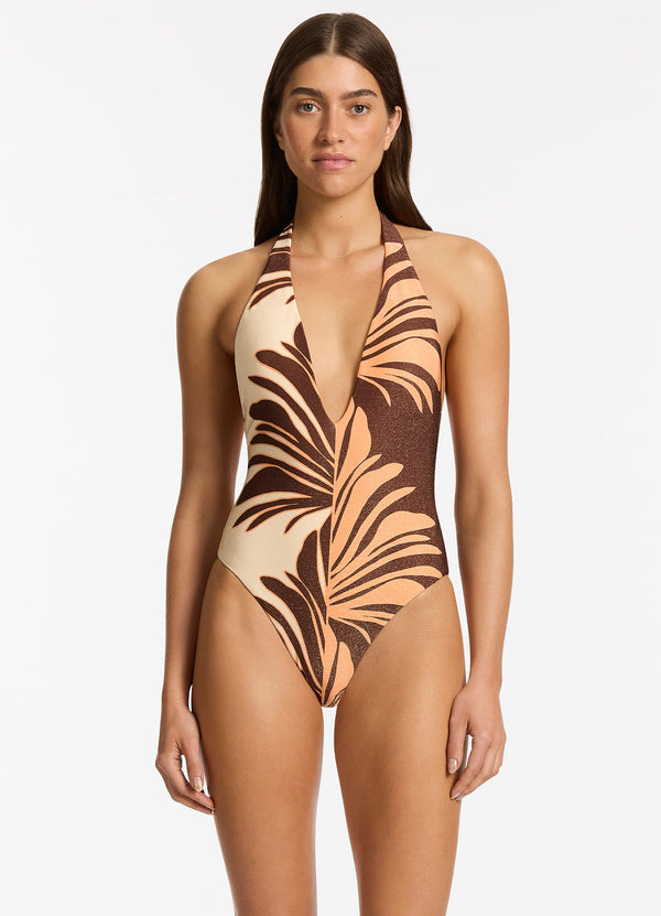 Seafolly Dahlia Palm Plunge One Piece - Chocolate