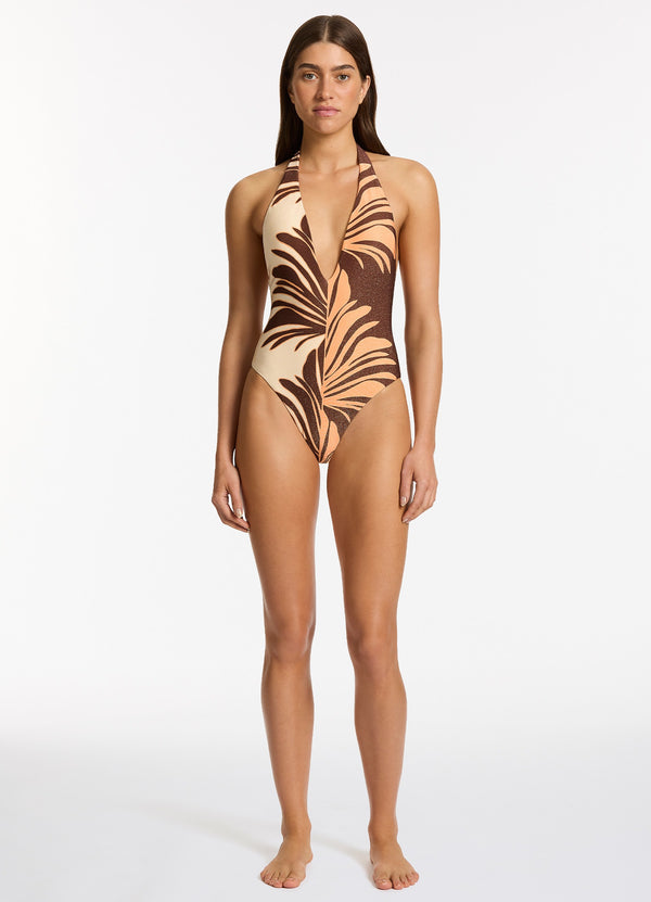 seafolly Dahlia Palm Plunge One Piece - Chocolate