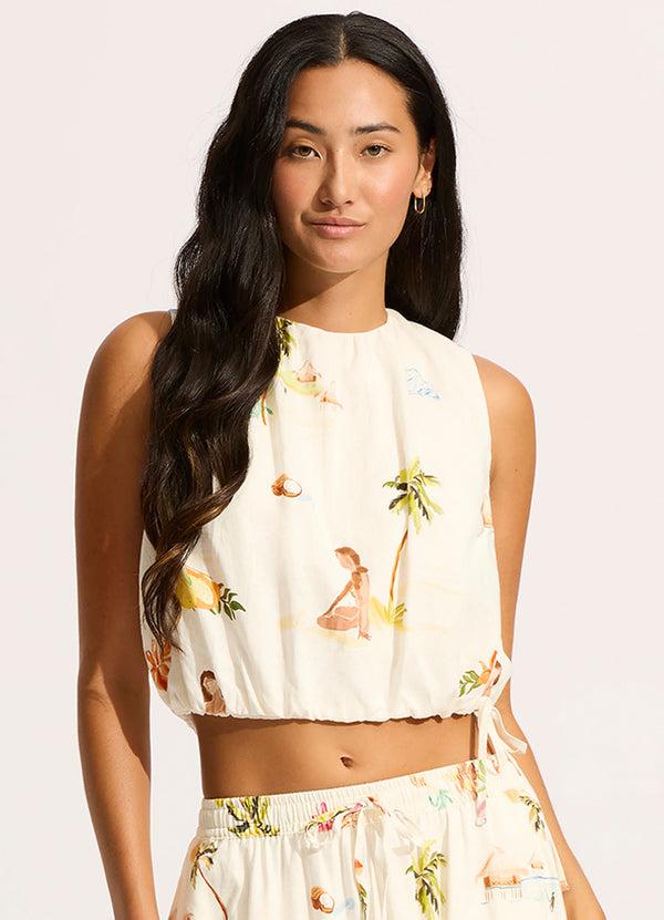 Seafolly Isla Palm Drawcord Waist Top - Ecru