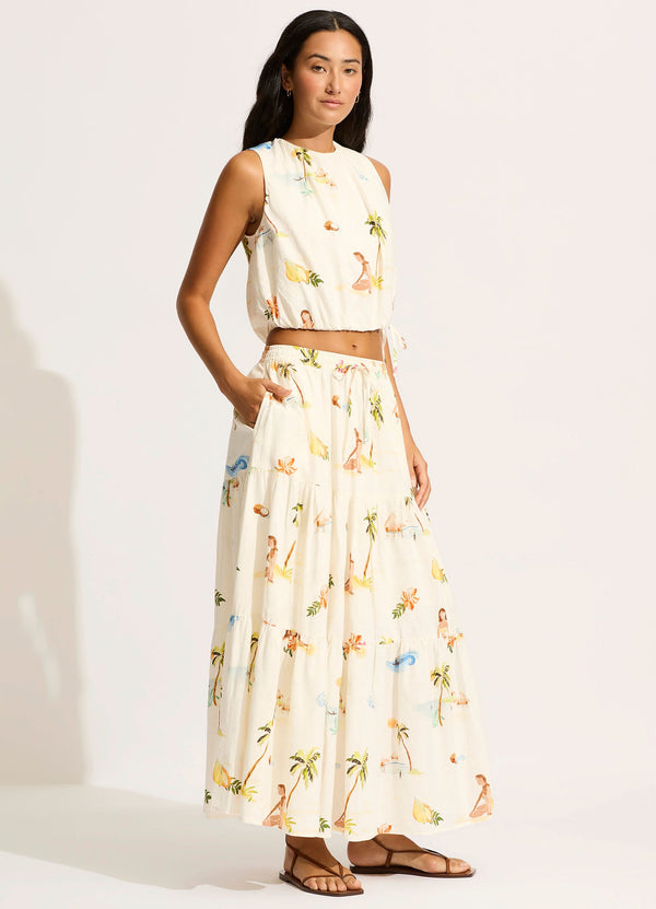 Seafolly Isla Palm Drawcord Waist Top - Ecru