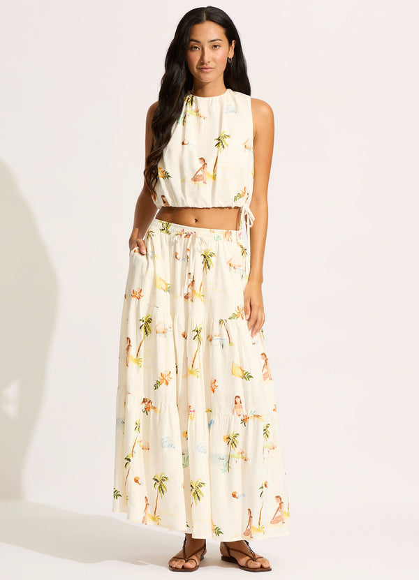seafolly Isla Palm Drawcord Waist Top - Ecru
