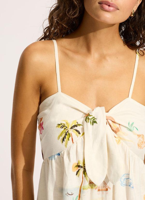 Seafolly Isla Palm Tie Front Mini Dress - Ecru