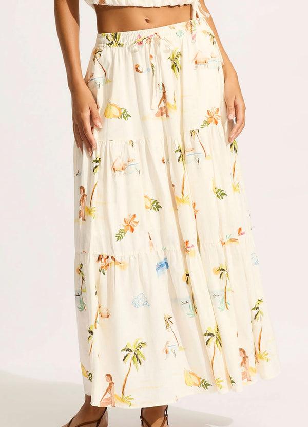 Seafolly Isla Palm Tiered Maxi Skirt - Ecru