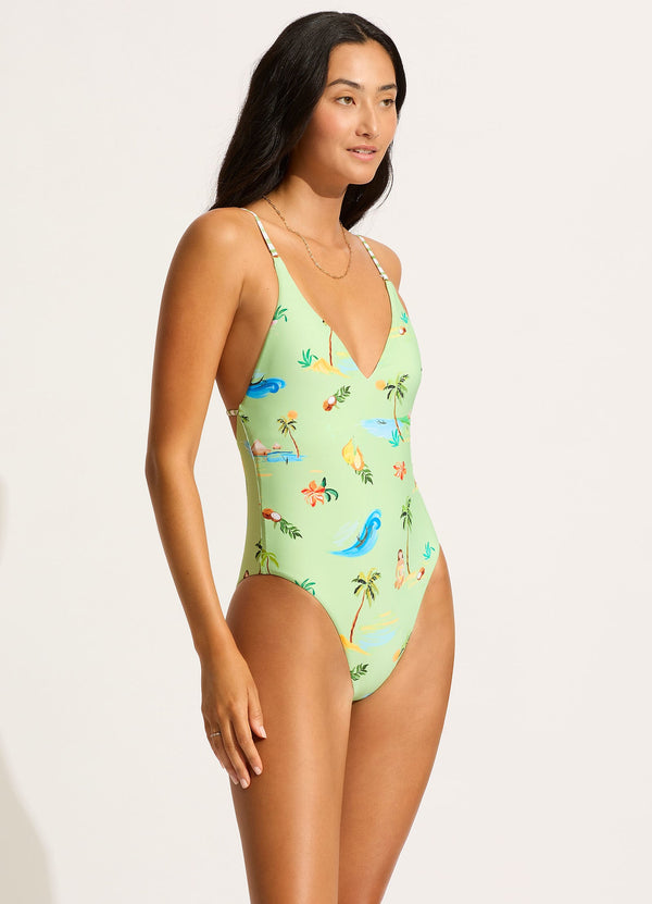 Seafolly Isla Palm V Neck One Piece - Sage