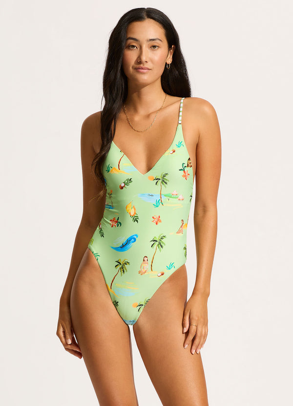 seafolly Isla Palm V Neck One Piece - Sage