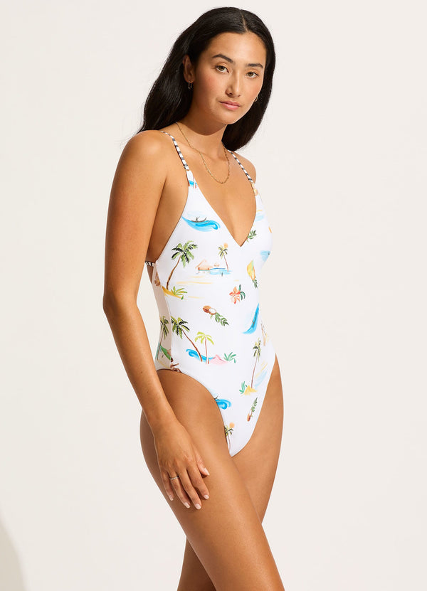 Seafolly Isla Palm V Neck One Piece - White