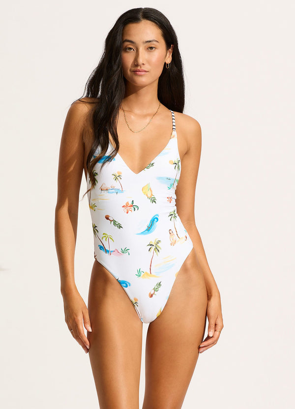 seafolly Isla Palm V Neck One Piece - White