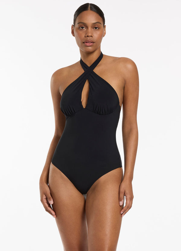 seafolly Jetset Cross Over Halter One Piece - Black