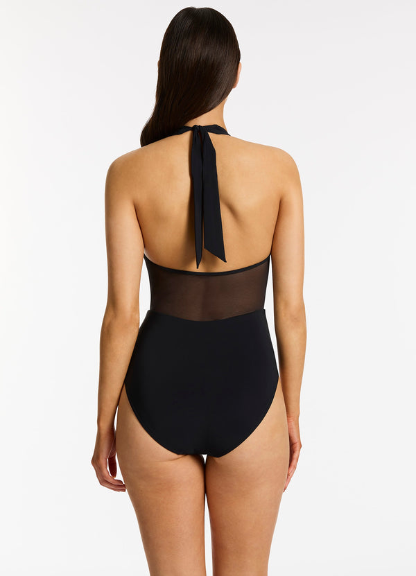 Seafolly Jetset Lure Plunge Halter One Piece - Black