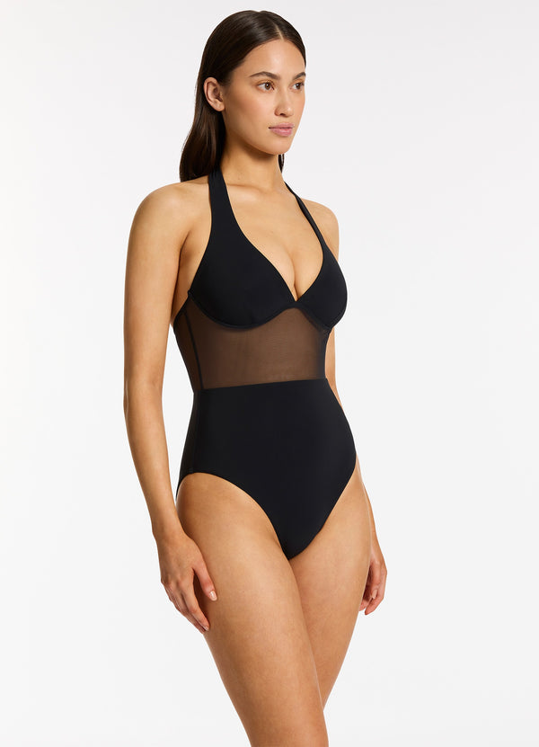 Seafolly Jetset Lure Plunge Halter One Piece - Black