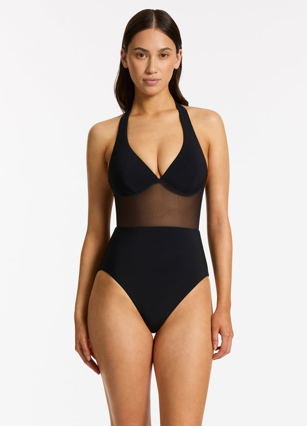 Seafolly Jetset Lure Plunge Halter One Piece - Black