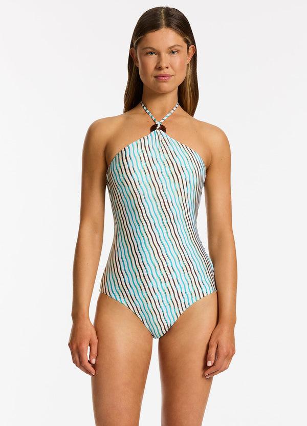 Seafolly Lotus High Neck Halter One Piece - Teal