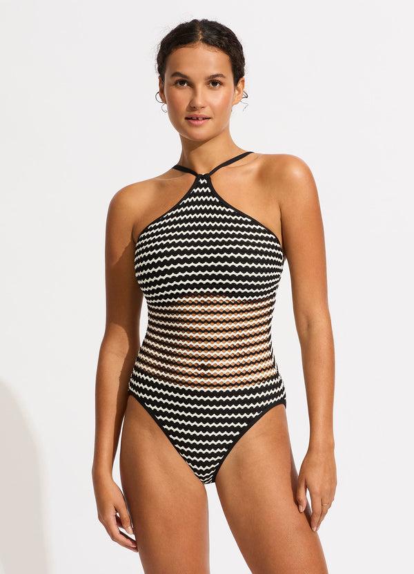 seafolly Mesh Effect DD High Neck One Piece - Black