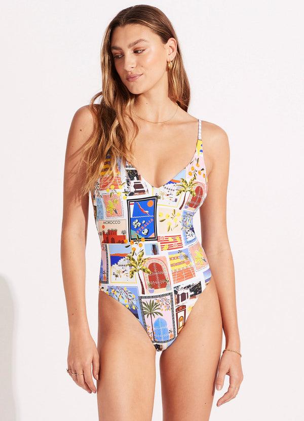 seafolly On Vacation V Neck One Piece - Azure