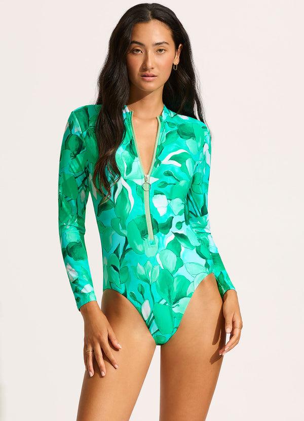 seafolly Secret Garden Zip Front Surf Suit - Jade