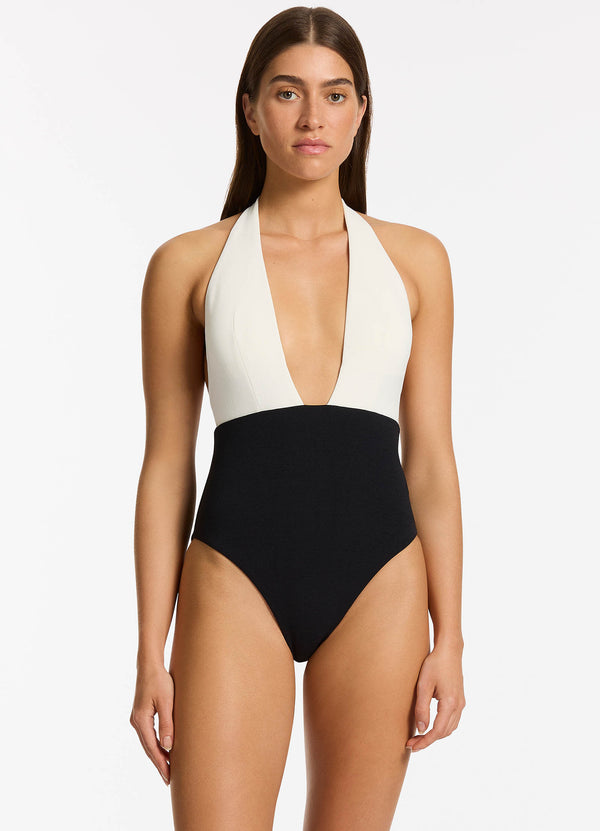 Seafolly Versa Rib Plunge One Piece - Black/Cream