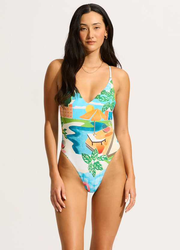 seafolly Sunset V Neck One Piece Swimsuit - Turquoise
